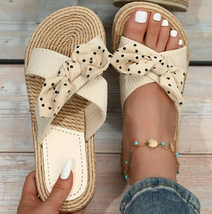 MAKENA- Breathable linen open-toe slides with bow