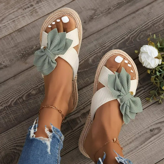 MAKENA- Breathable linen open-toe slides with bow