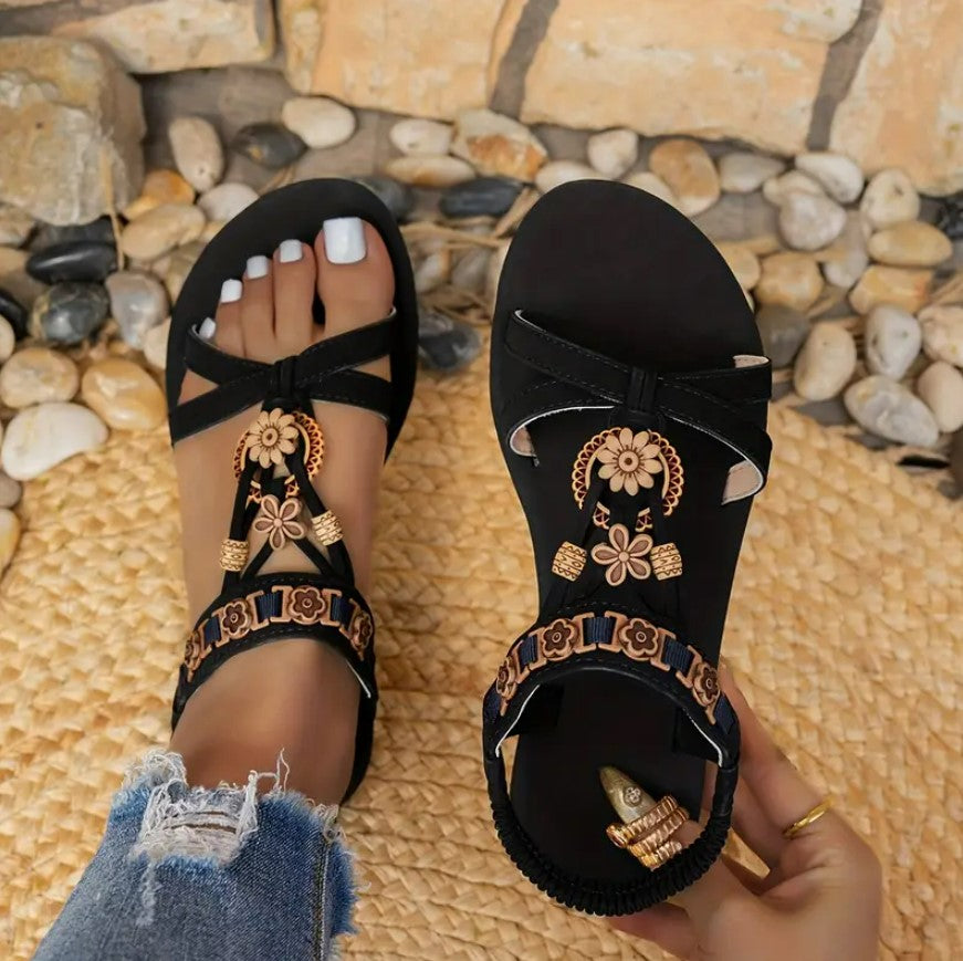 CHANTELLE- Beaded Flower flat sandals