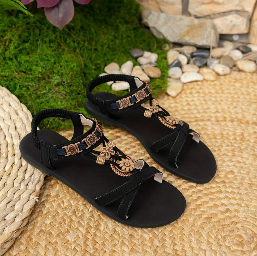 CHANTELLE- Beaded Flower flat sandals